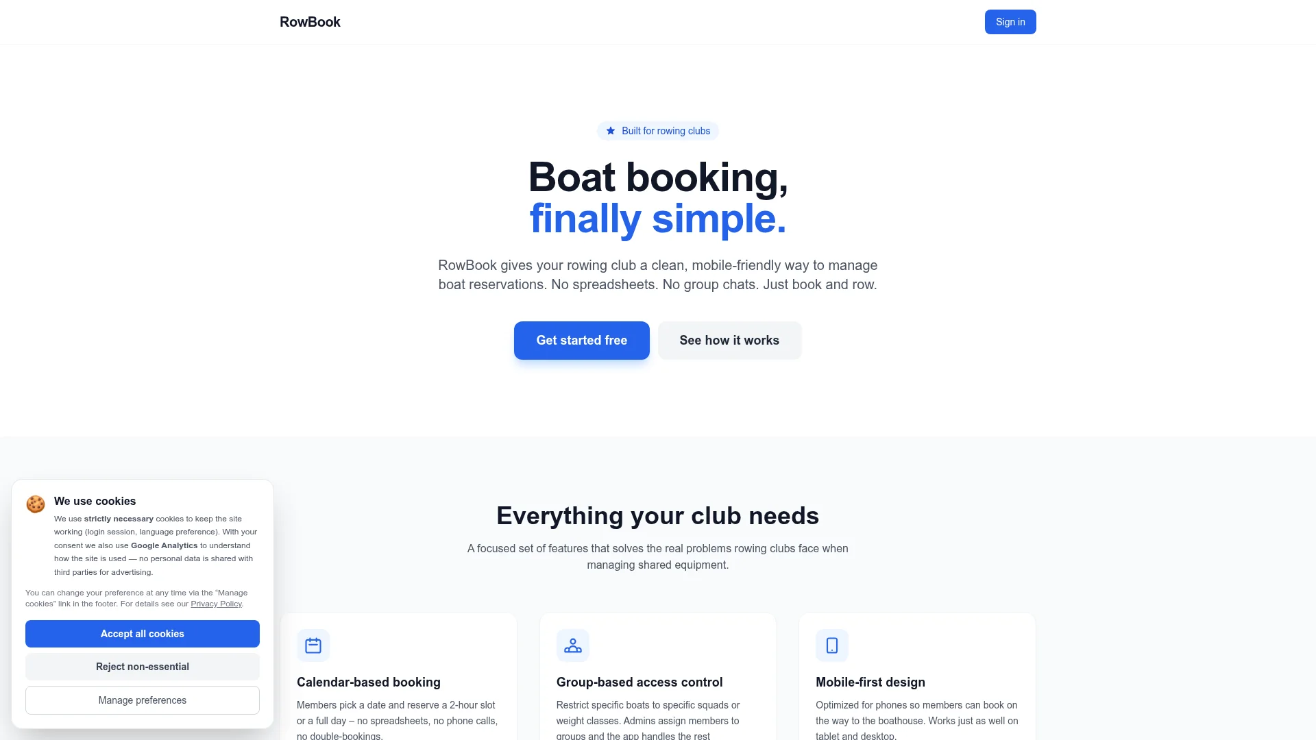 RowBook boat booking software homepage