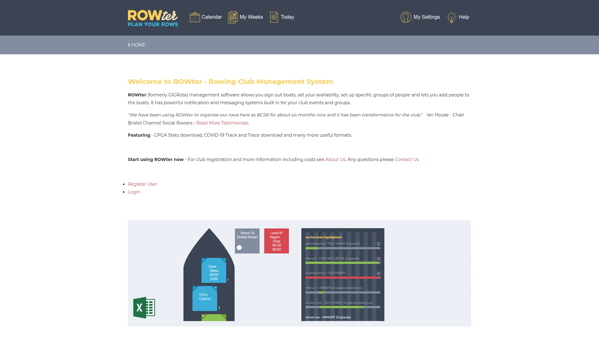 ROWter rowing club management software homepage