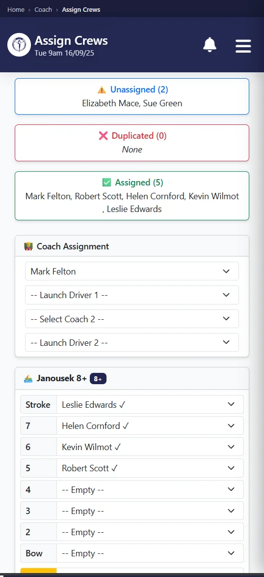Row HQ mobile app showing crew assignment on a smartphone