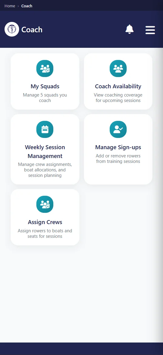 Coach dashboard showing squad attendance and crew planning for an Irish school rowing programme