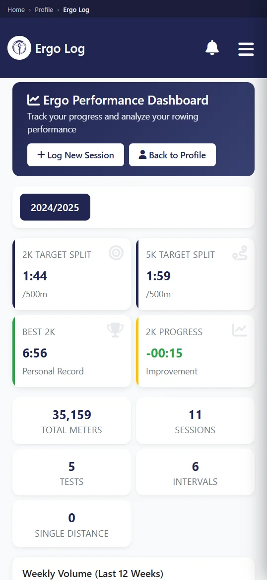 Row HQ mobile interface showing erg logging