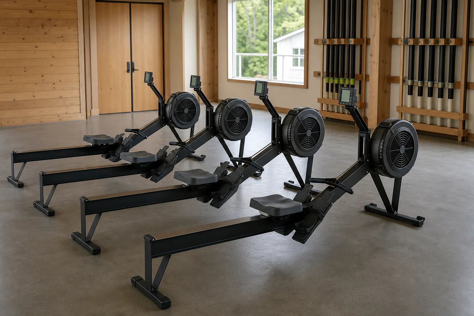 Four rowing ergometers lined up side by side in a boathouse, with oars racked on the wall behind them