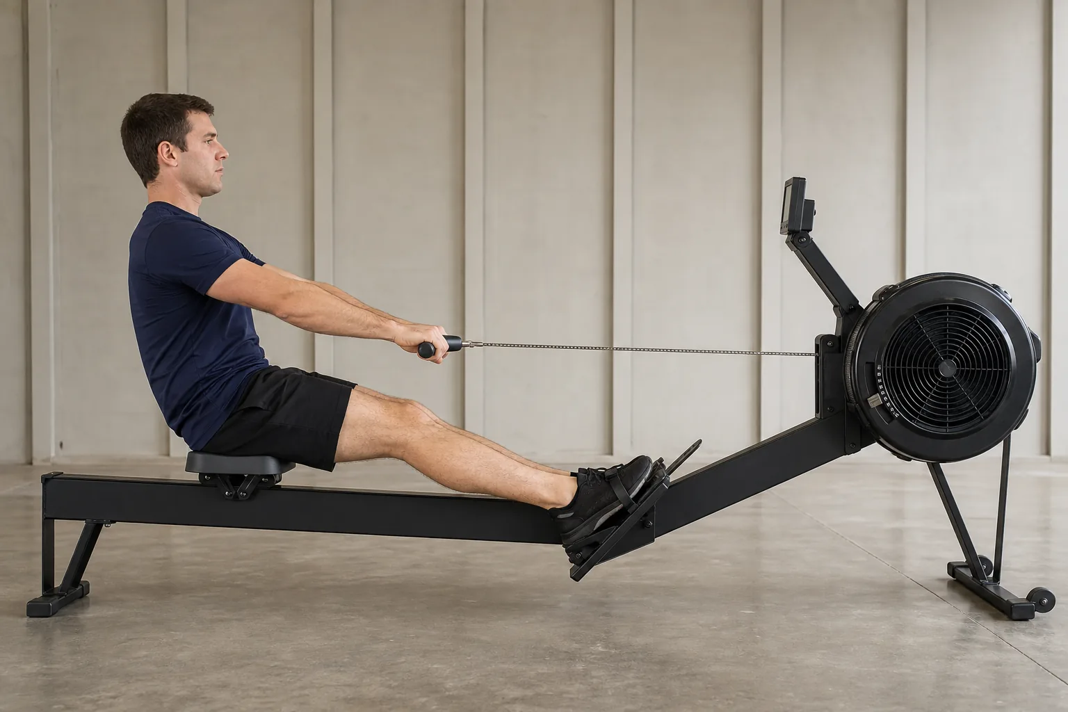 An athlete part way through the drive on an indoor rowing ergometer, seen from the side, with the legs down, the body starting to swing back and the arms still straight