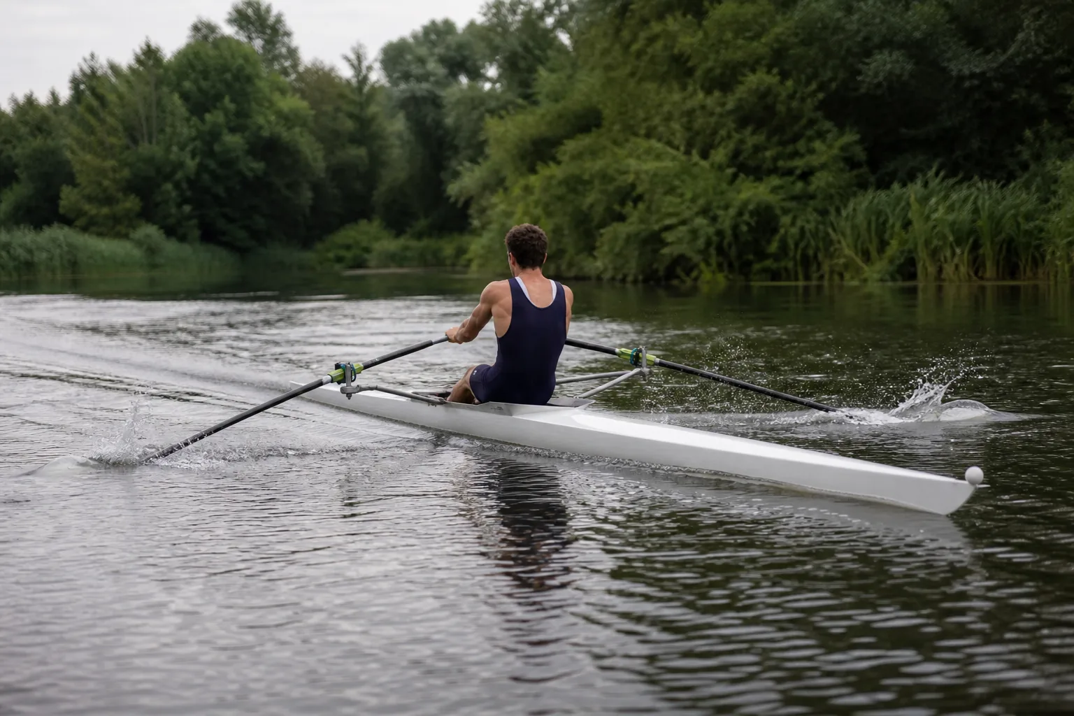 A single sculler working at a high rating, with heavy puddles left on the water behind the boat and a strong bow wave at the front