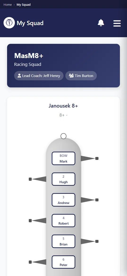 Row HQ mobile app showing My Squad interface