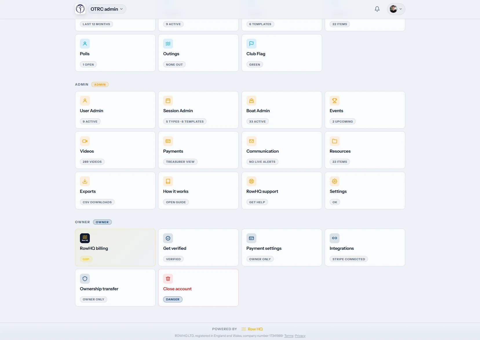 See club activity and open the main admin tools from one screen.
