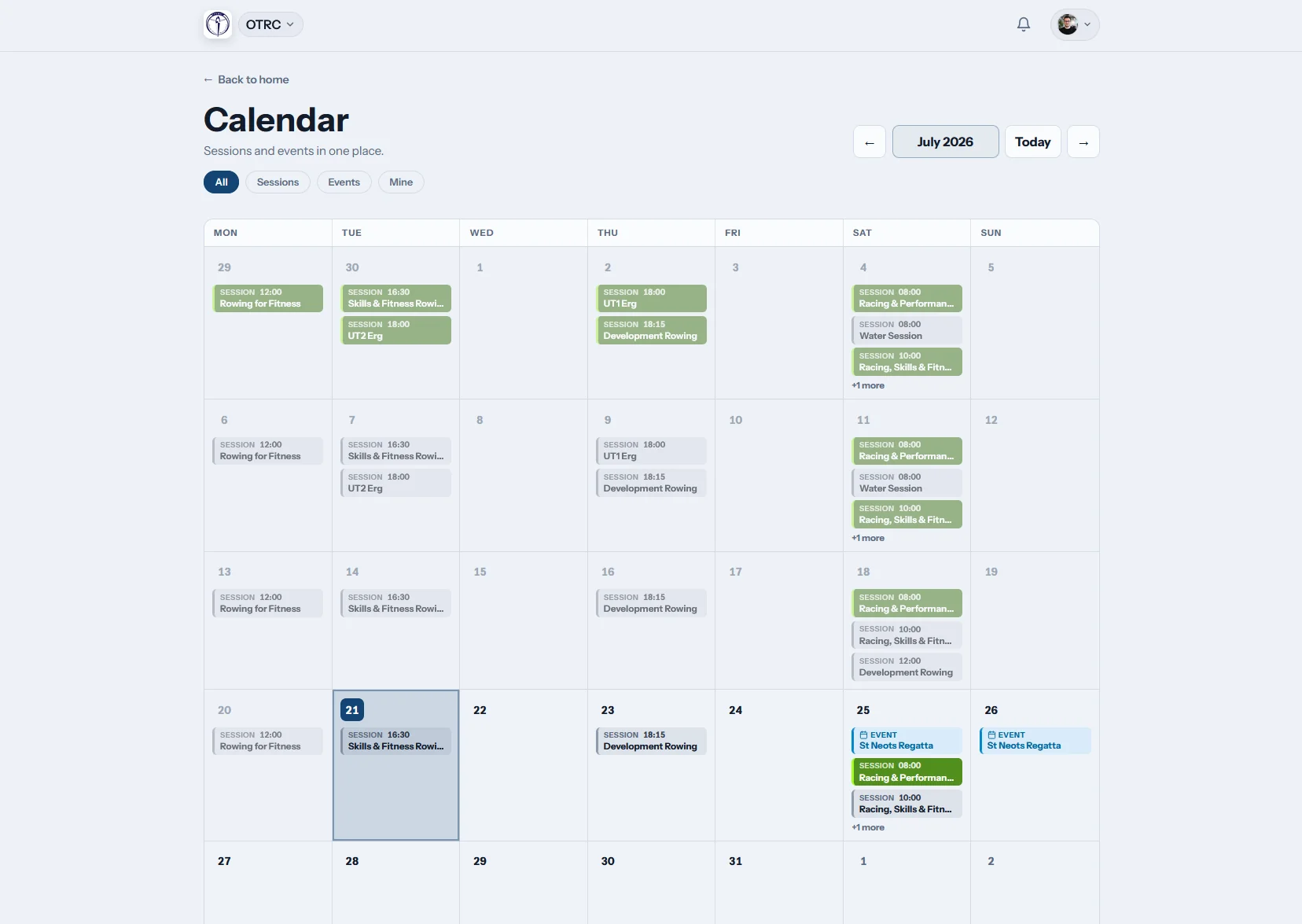 See training, events and club dates in one shared calendar.