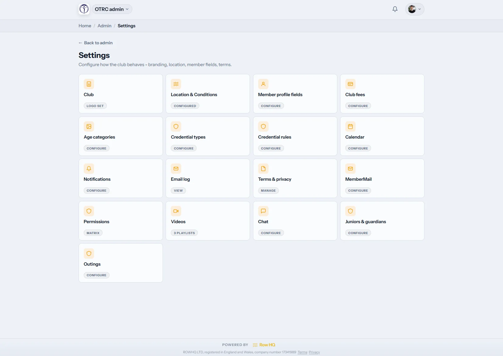 Control the club name, branding and key account settings.