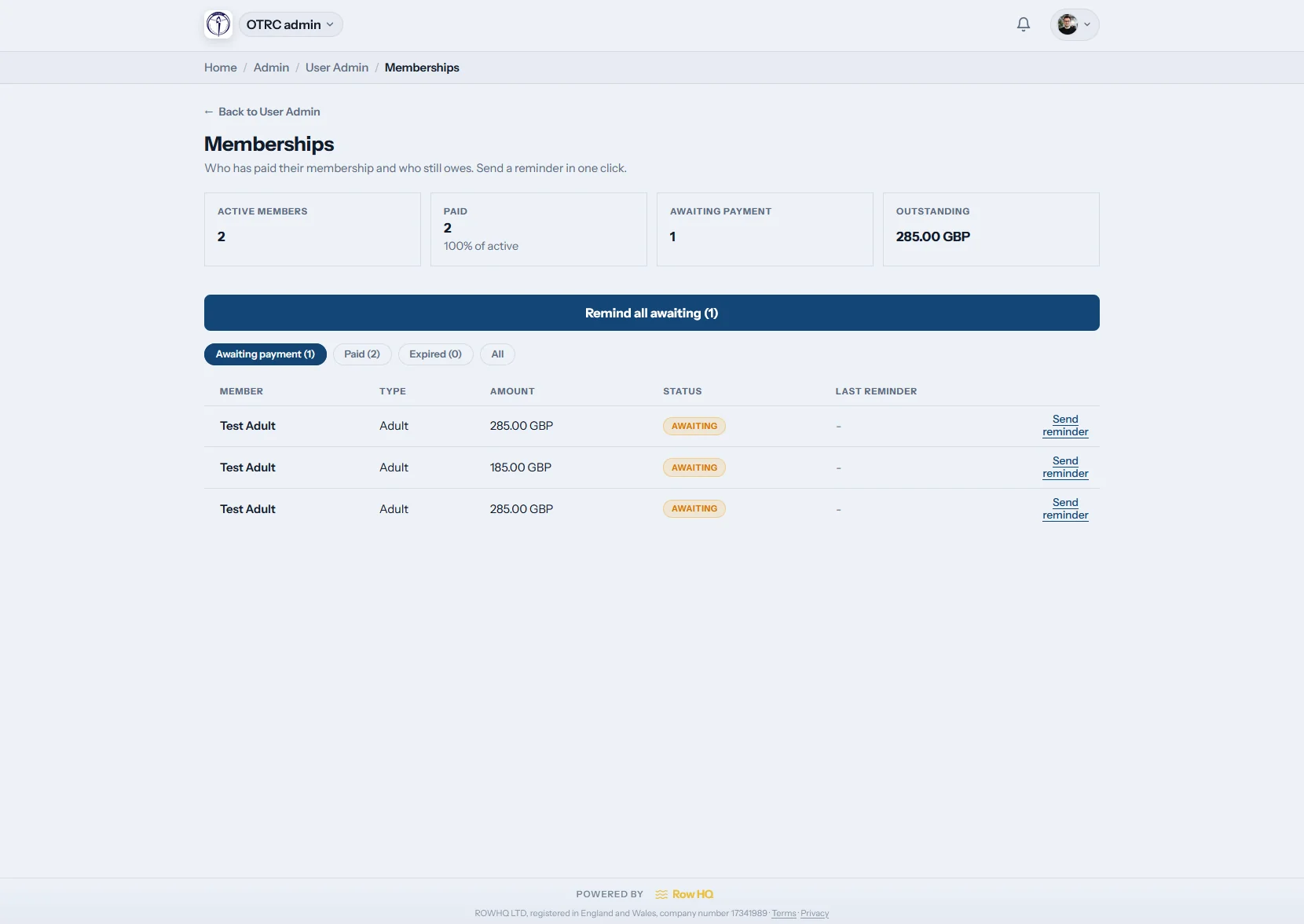 Captain viewing the club-wide membership dashboard