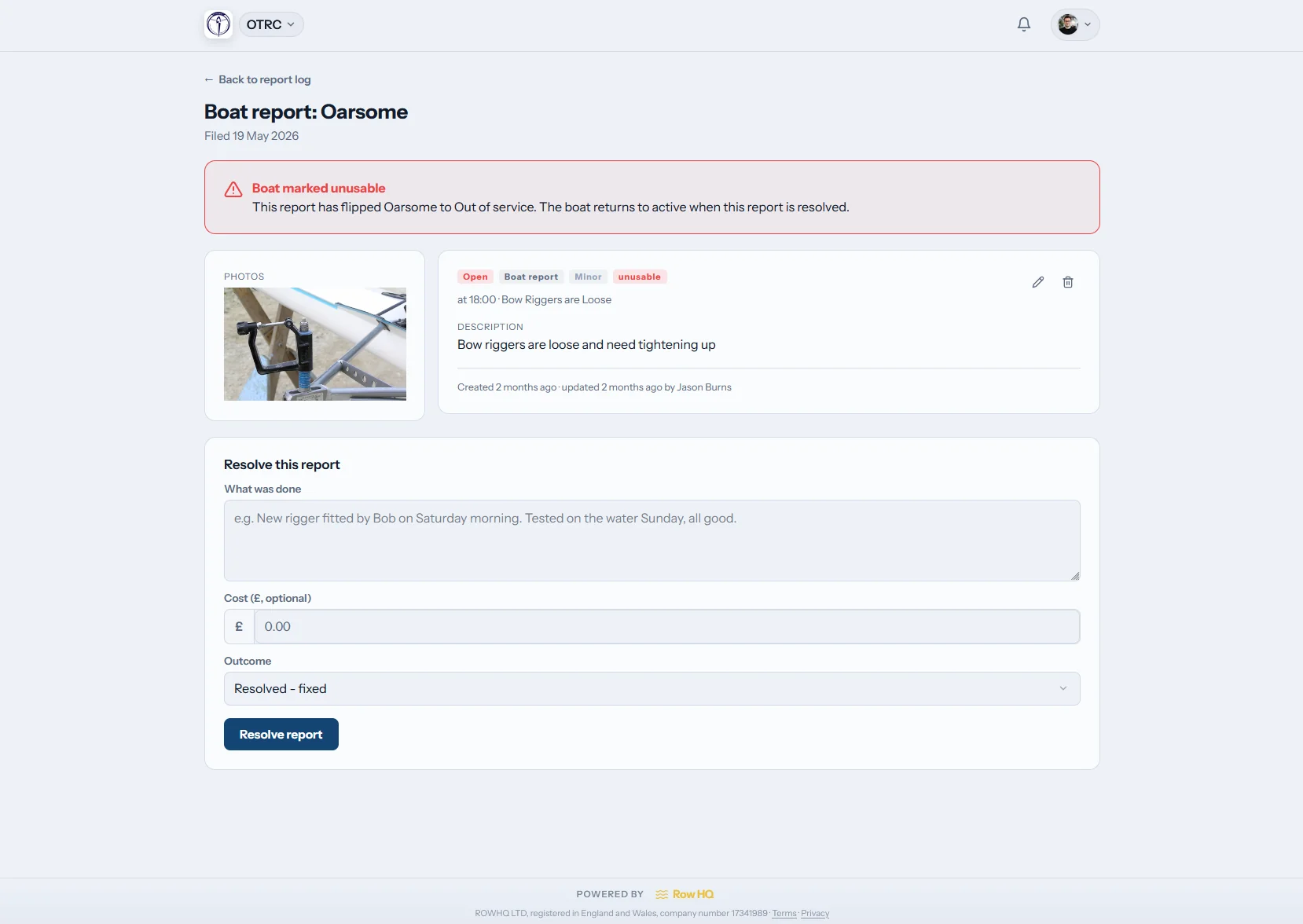 Row HQ open damage report showing a rigger photo and report details
