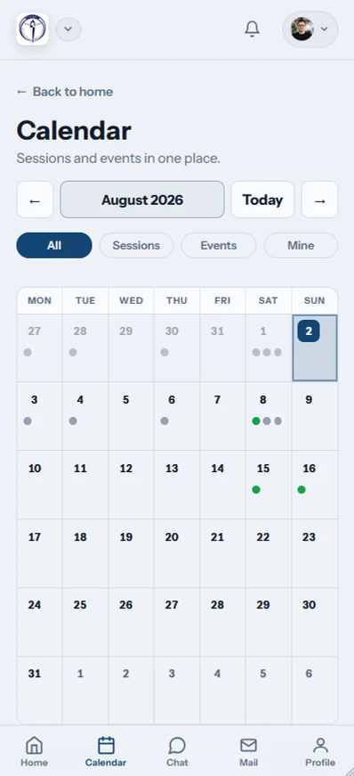 Month calendar in the rowing club app with sessions and events marked on each day
