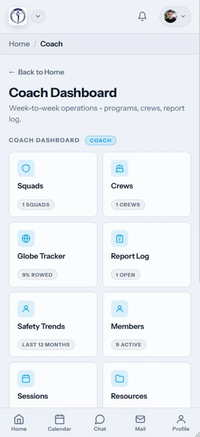 Coach view in the rowing club app with tiles for squads, crews, members and safety trends