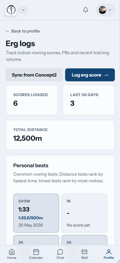Row HQ mobile interface showing ergo logging