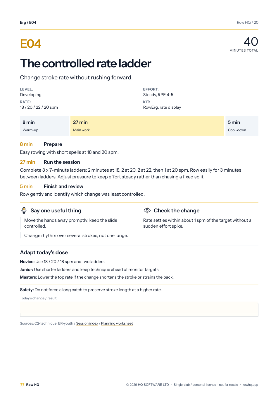 An erg session with a timed rate ladder and adaptations