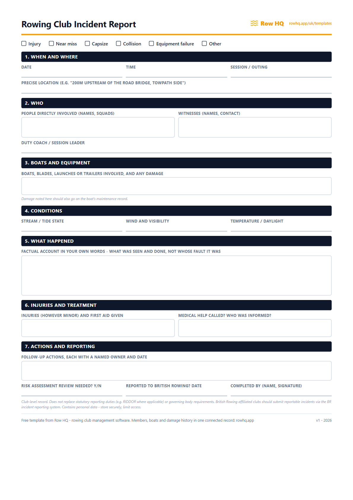 Rowing Club Incident Report Form (PDF preview)