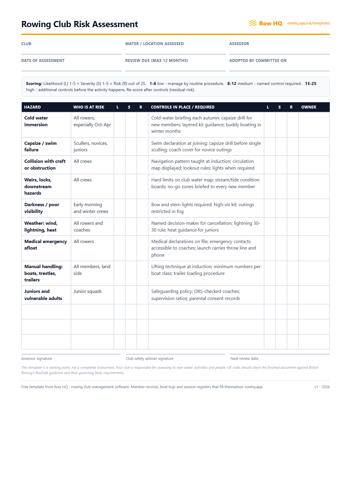Rowing Club Risk Assessment Template (PDF preview)