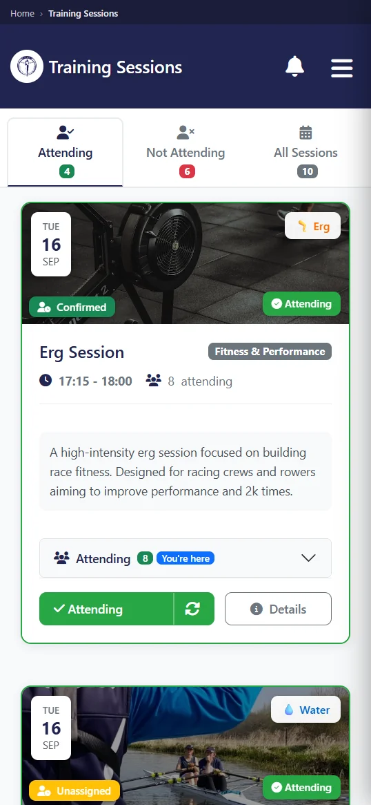 Row HQ mobile app showing attendance tracking and session registration